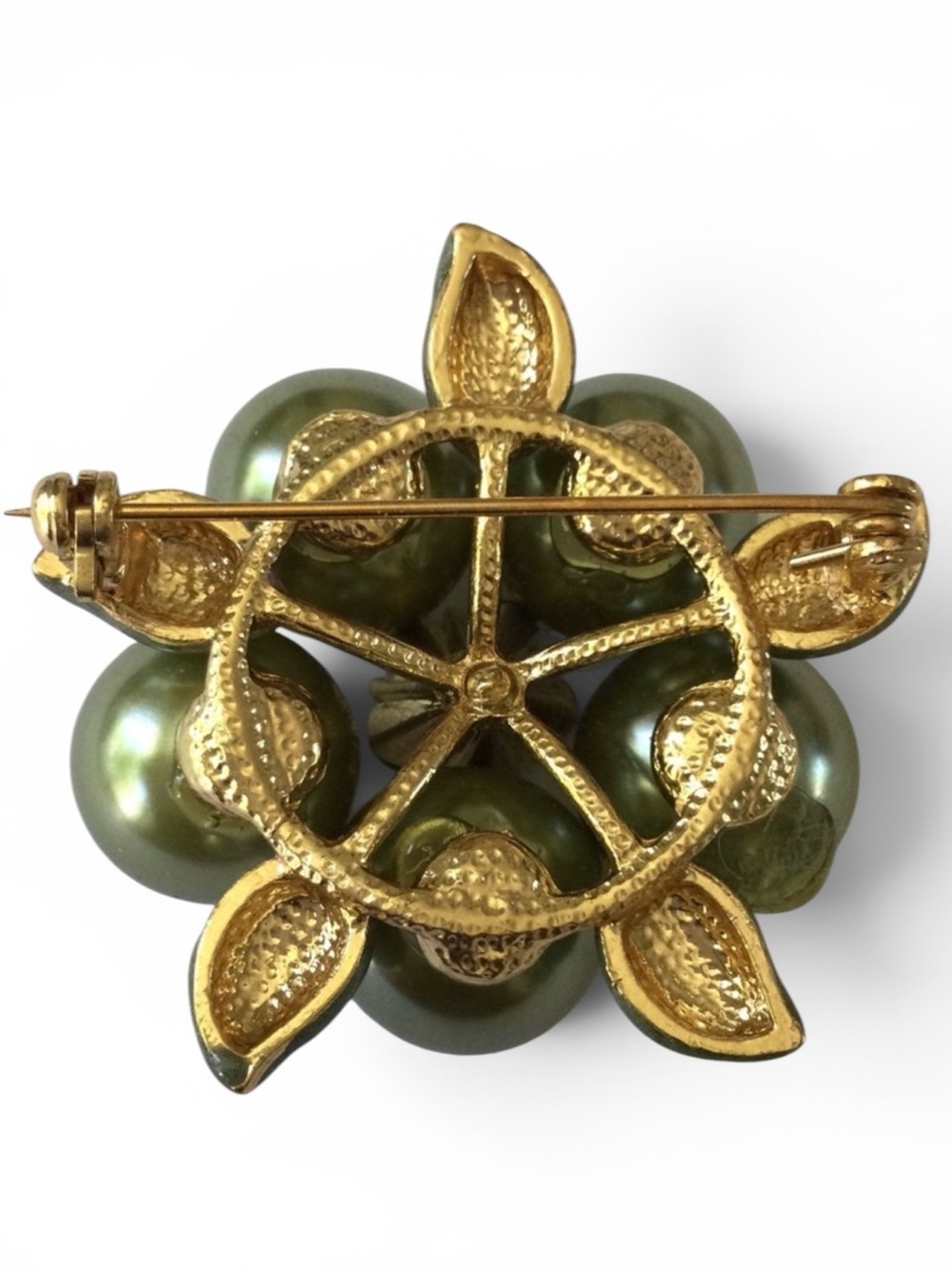 Vintage Faux Pearl & Enamel Floral Brooch • AB & Peridot Rhinestones - Picture 10 of 11